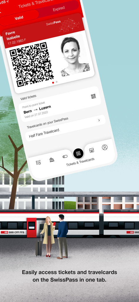 Digital SwissPass and train tickets interface in the SBB Mobile app