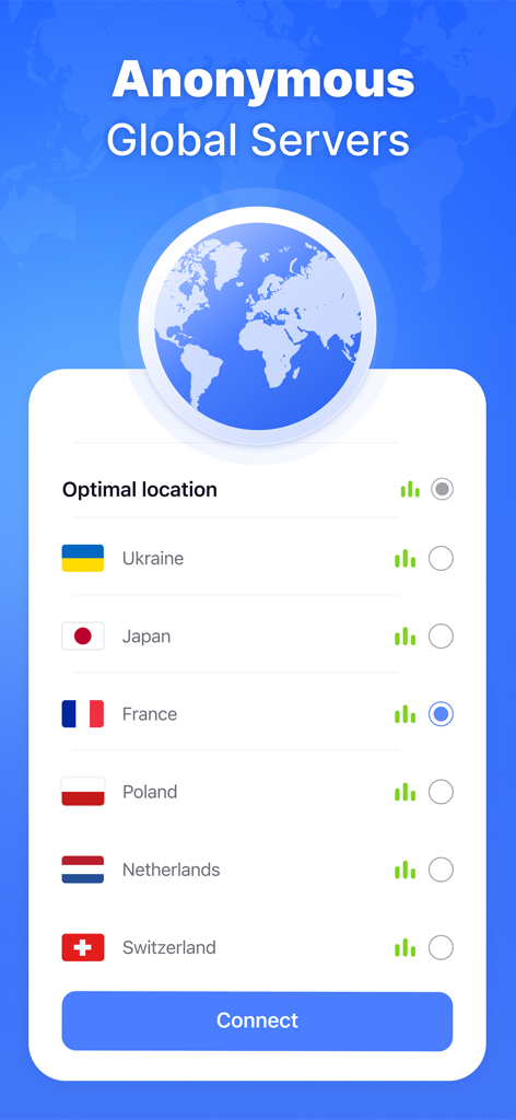 VPN Wave Proxy & AdBlock Pro - Eine Liste globaler Serverstandorte in der VPN Wave App-Oberfläche, die Optionen wie Frankreich, Japan und Ukraine mit einem Verbindungsbutton anzeigt.