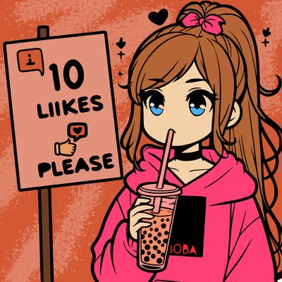 girl with a high ponytail and a hoodie drinking boba staring at a sign saying 10 likes please