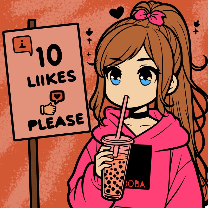 girl with a high ponytail and a hoodie drinking boba staring at a sign saying 10 likes please