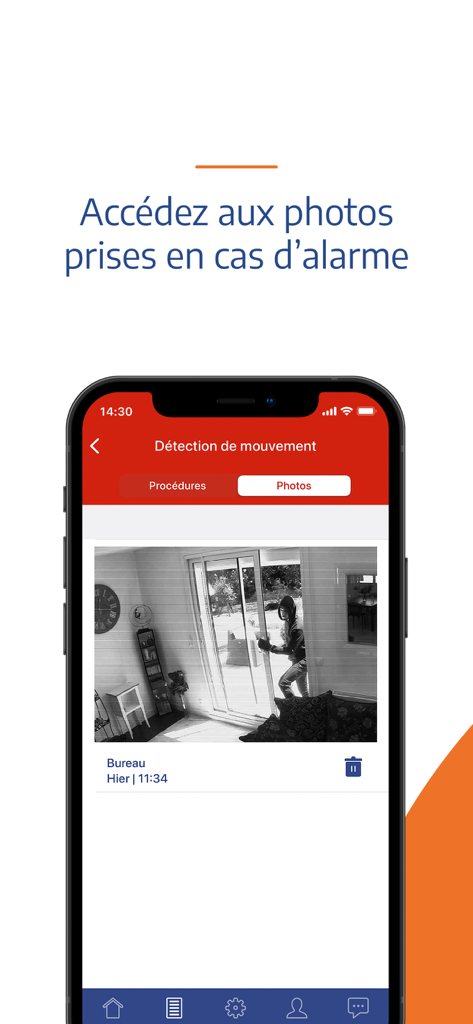 Interface de l'application Homiris affichant une image de caméra de sécurité capturée lors d'une alarme de détection de mouvement