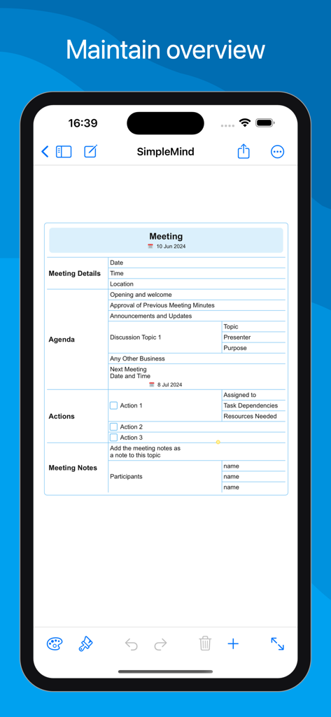 A professional meeting agenda and notes outline displayed in the SimpleMind Pro app