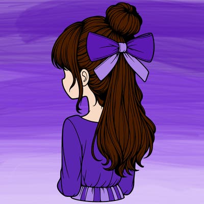 realistic girl  with hip length hair a bun and a big bow on the back of head