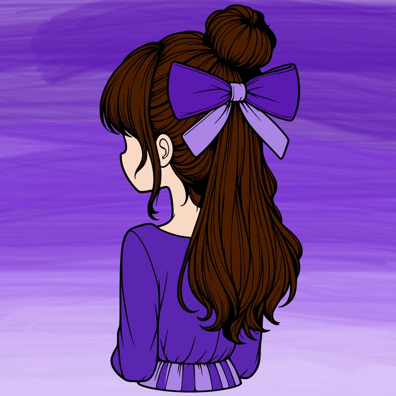 realistic girl  with hip length hair a bun and a big bow on the back of head