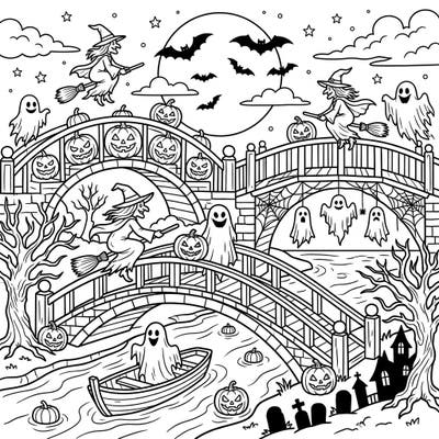 Get ready for a hauntingly good time with this intricate Halloween-themed coloring page featuring multiple river bridges. Witches, friendly ghosts, and grinning jack-o'-lanterns transform the scene into a festive spooky landscape.
