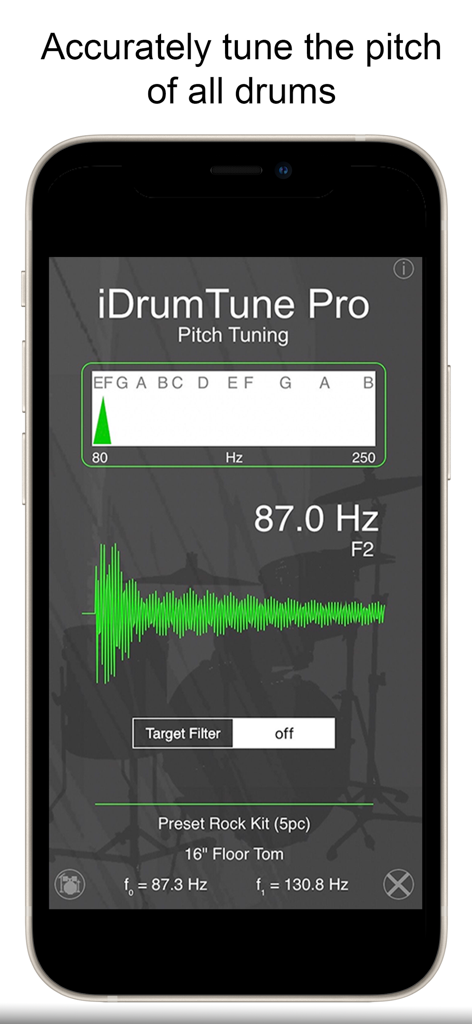 Drum Tuner - iDrumTune Pro - iDrumTune Pro pitch tuning interface showing frequency analysis for a floor tom