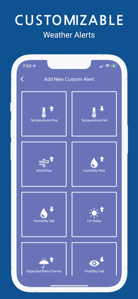Weather Alerts Ultimate - Interface of the Weather Alerts Ultimate app showing customizable alert options for temperature wind humidity and UV index