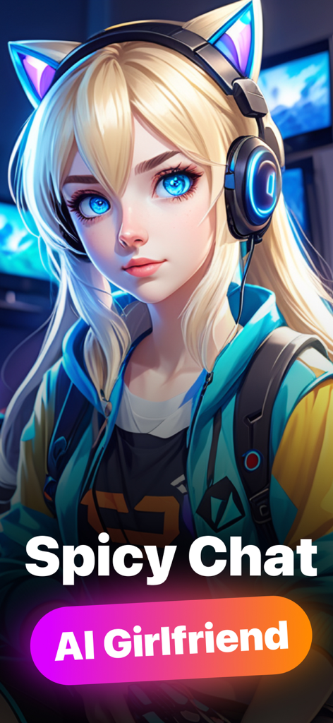 AIガールフレンドのスパイシーチャットのための、猫耳ヘッドフォンをつけたブロンドのアニメ少女がゲームルームにいる