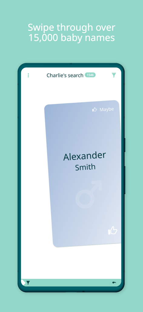 CharliesNames - Smartphone screen showing the CharliesNames app interface with a swipe card for the baby name Alexander Smith.