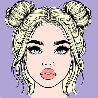 realistic girl with two buns on her hair and lips