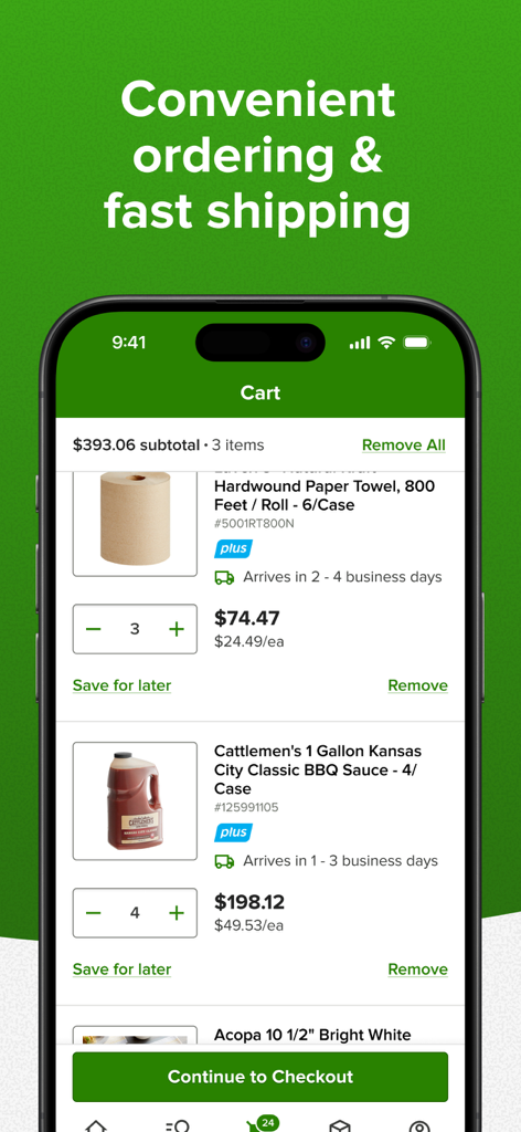 WebstaurantStore - Un teléfono móvil mostrando el carrito de compras de la aplicación WebstaurantStore con suministros de restaurante a granel