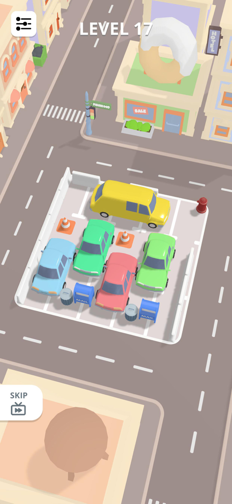 Car Parking - Drive Away 3D - Visão de cima para baixo em 3D de um nível de jogo de puzzle de estacionamento de carros com veículos coloridos