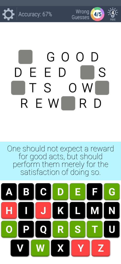 Gameplay interface of a word puzzle game featuring an English proverb and a letter keyboard
