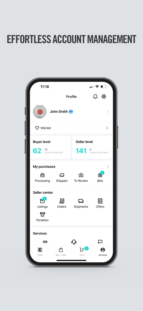 Page de profil de l'application KLEKT montrant les niveaux d'acheteur et de vendeur avec des options de gestion de compte.
