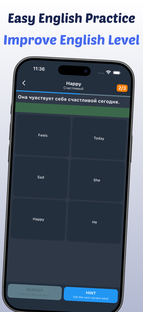 English Level Test - English Level Test mobile app screen showing a sentence building exercise with word tiles for English practice
