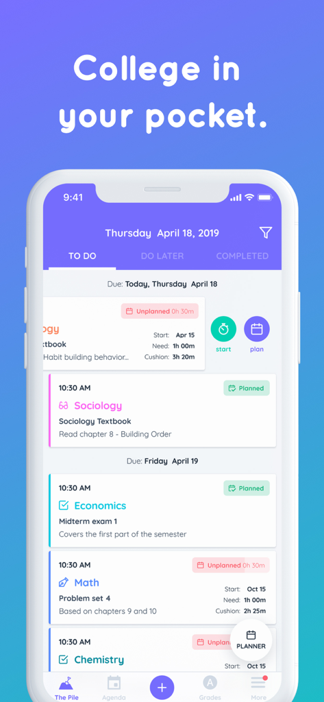 Smartphone screen showing the Shovel Study Planner app with a list of college tasks and deadlines.