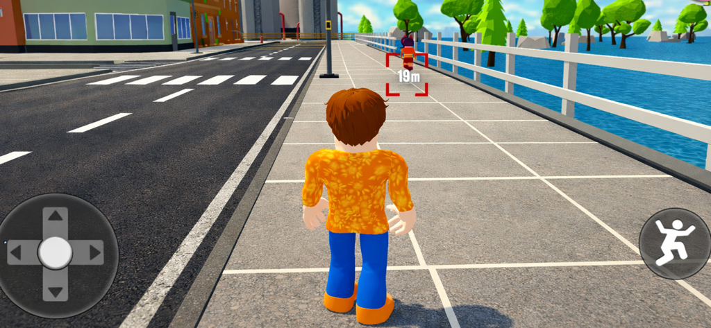 City life RP Open World Game - Capture d'écran du gameplay montrant un personnage explorant un trottoir de ville près de l'eau dans City Life RP.