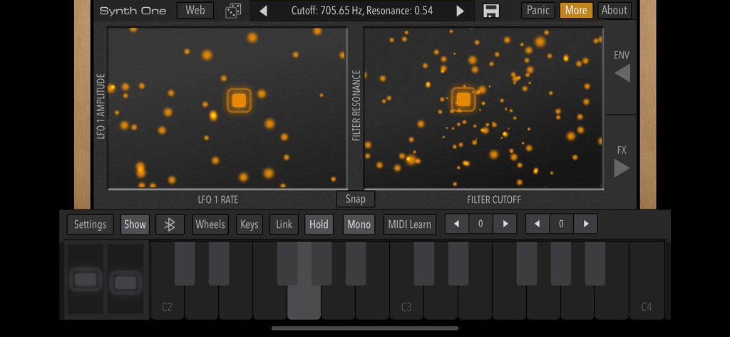 AudioKit Synth One app interface featuring dual XY pads for LFO and filter control above a digital piano keyboard