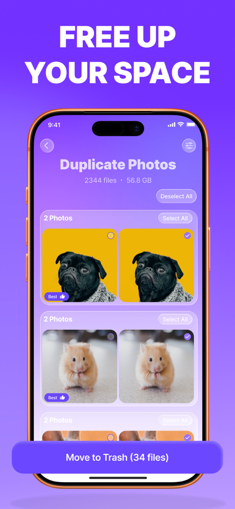 UpClean app interface showing duplicate photo detection and a move to trash button to free up iPhone storage space
