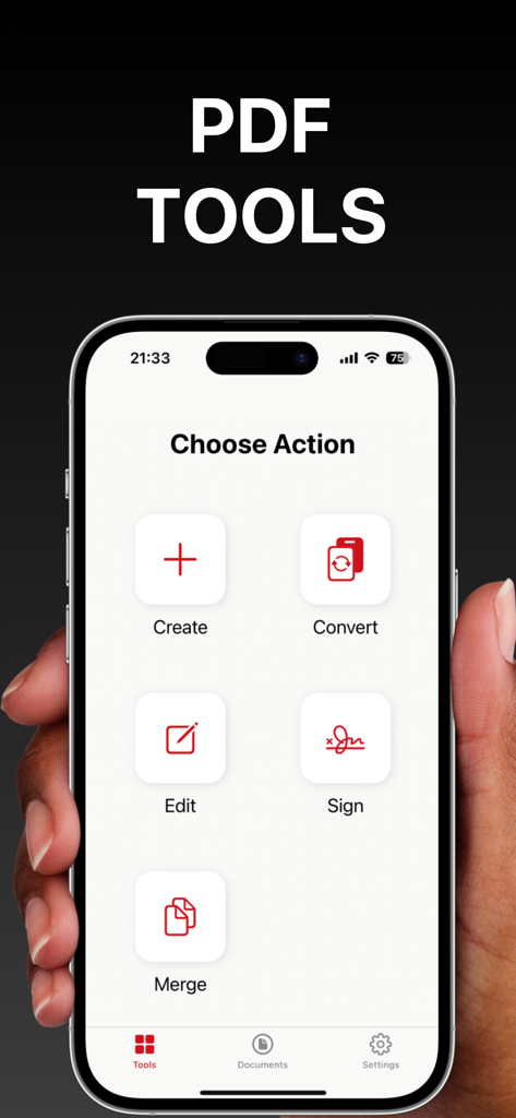 PDF App: Convert, Create, Sign - iPhone screen displaying the main dashboard of the PDF App with options to create convert edit sign and merge documents