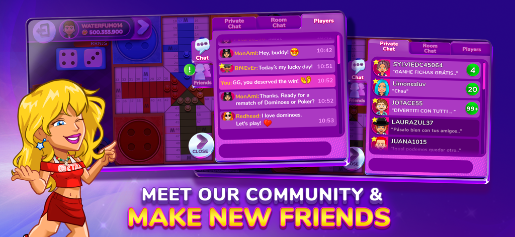 MundiGames - Social Casino - MundiGames App-Oberfläche, die Echtzeit-Chat und Community-Funktionen mit einem Avatar-Charakter zeigt