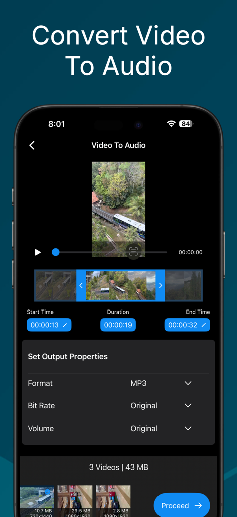 Audio Trimmer And Audio Joiner - Pantalla de smartphone mostrando la función de conversión de video a audio con procesamiento en lote y configuraciones de propiedades de salida