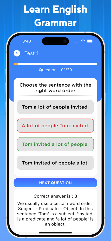 English Grammar Test 2025 - A quiz screen from the English Grammar Test 2025 app showing a multiple choice question about English word order with a correct answer explanation.