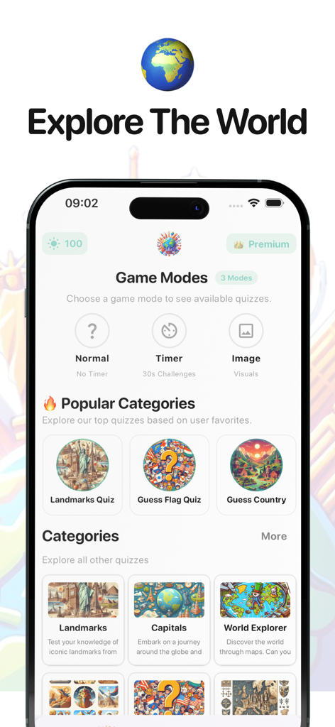 Geografie-Quiz-App-Bildschirm mit Spielmodi und beliebten Quizkategorien