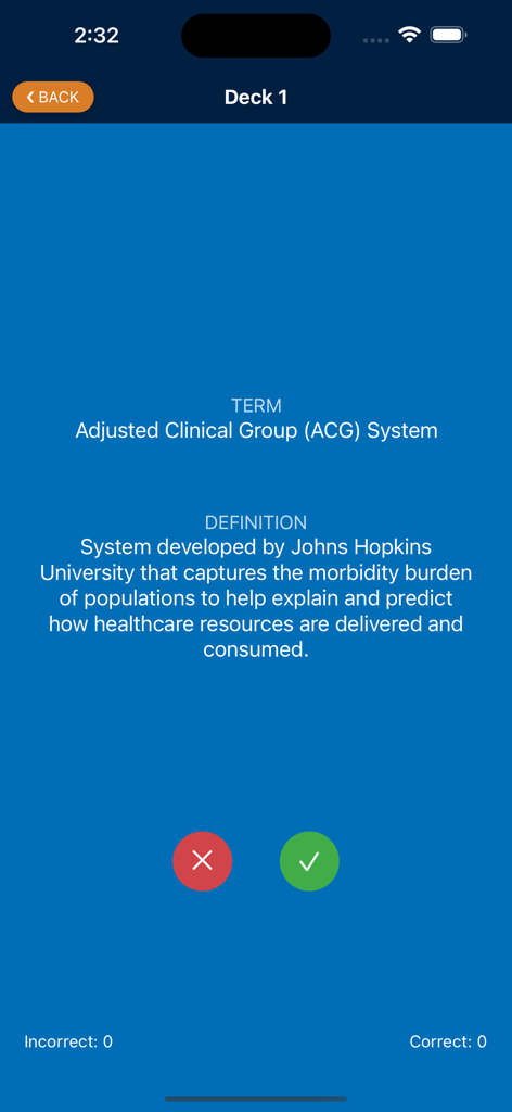 CCM Glossary App - Interfaz de tarjeta de memoria de la aplicación CCM Glossary mostrando la definición de un término clínico y el seguimiento del progreso del estudio