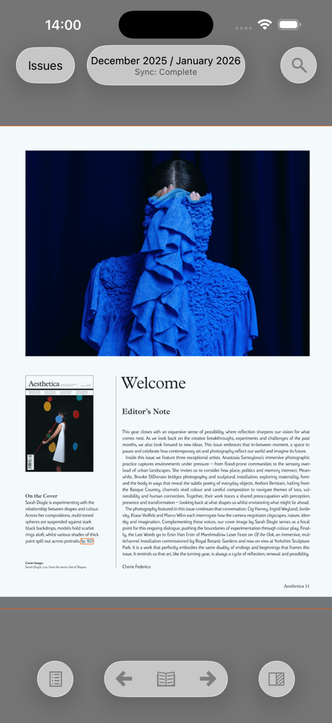 Aesthetica - Digital interface of the Aesthetica magazine app displaying a Welcome article with artistic photography