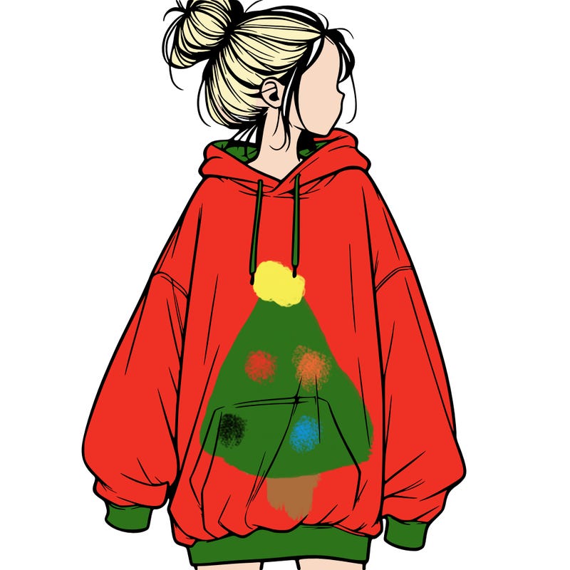 realistic girl with a oversized sweatshirt on and a bun