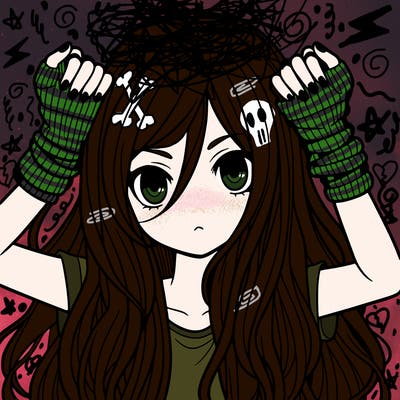 long haired girl with fingerless gloves