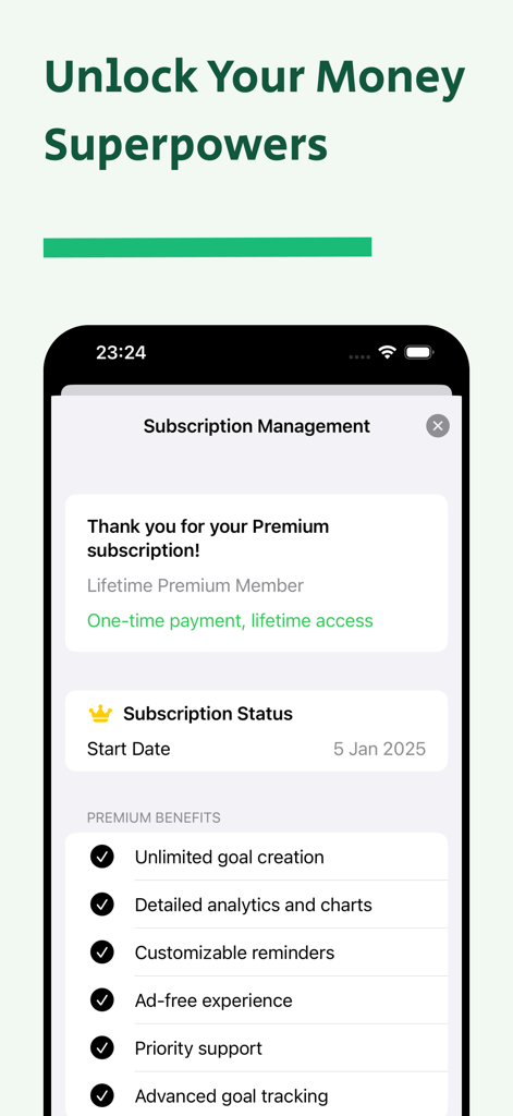 MoneyBox - Smart Savings - MoneyBox app screen showing premium subscription benefits including unlimited goals and detailed savings analytics.