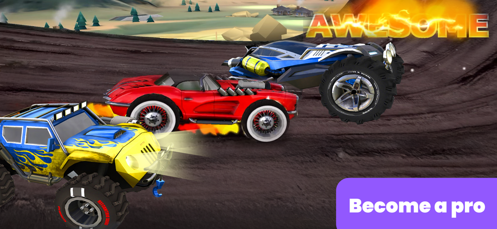 Three colorful monster trucks racing on a dirt track with an awesome fire effect