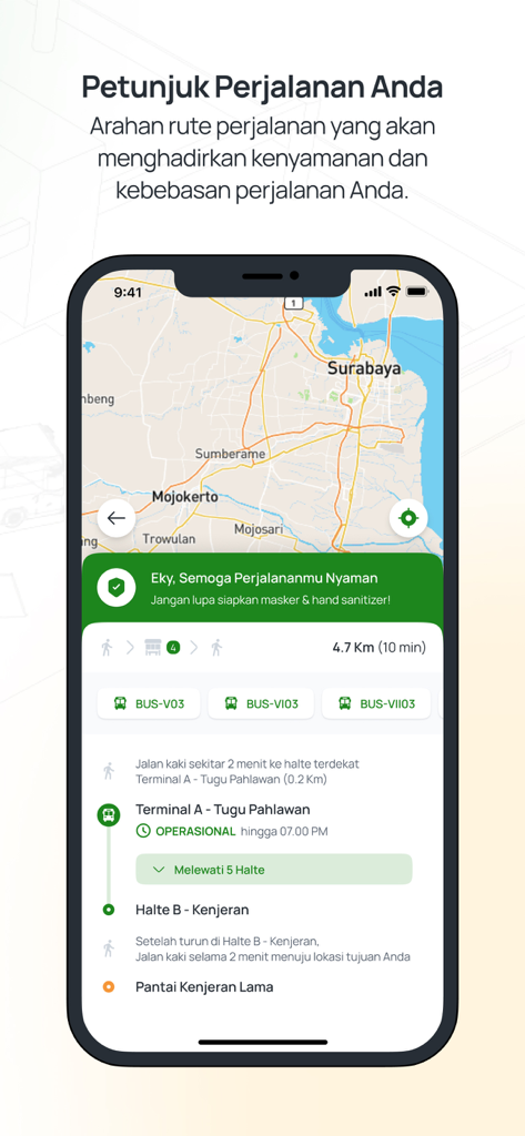 Trans Jatim AJAIB mobile app interface showing a bus journey planner with map and directions for Surabaya