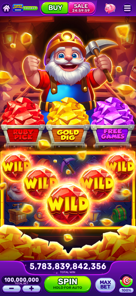 WOW Slots: Online Casino Games - A mining themed slot machine interface in WOW Slots with a friendly miner character and multiple red WILD gem symbols