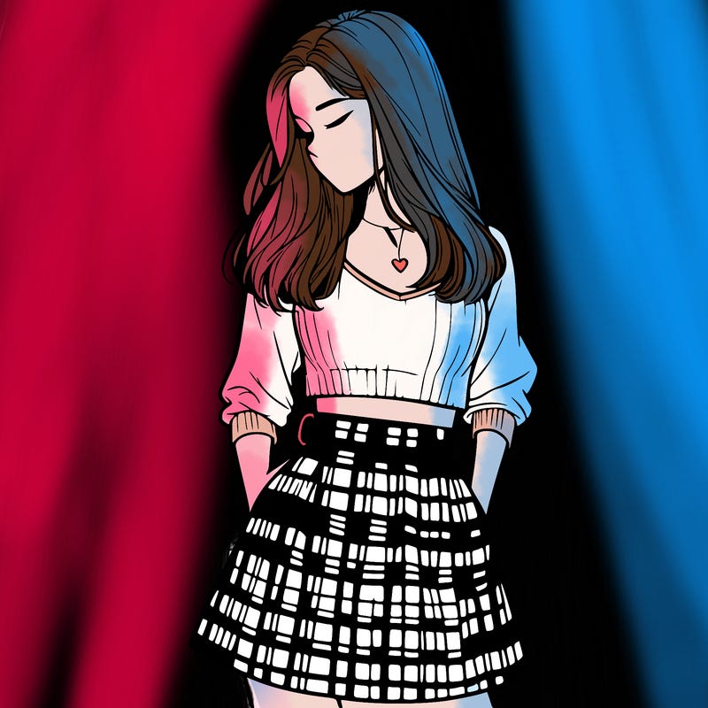 realistic girl wearing a crop top and a plad mini skirt with a nose