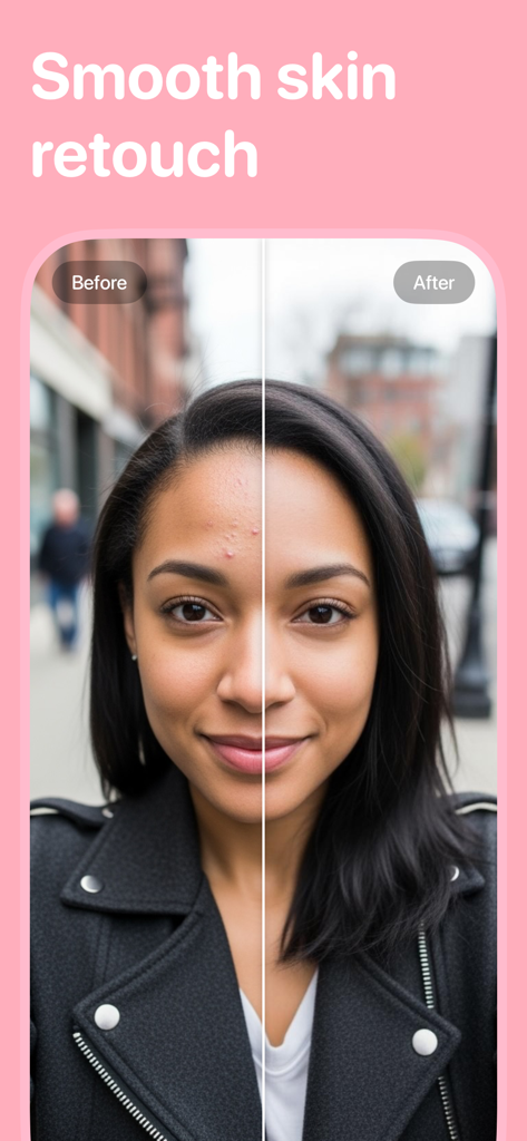 Blemish Remover: Clearrr - Comparación de antes y después de un retoque de piel suave