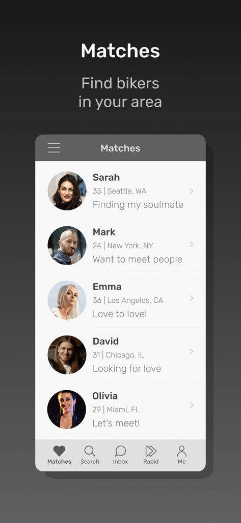 A list of potential dating matches on the Meet Metal Heads app showing user profiles with names, ages, and locations.
