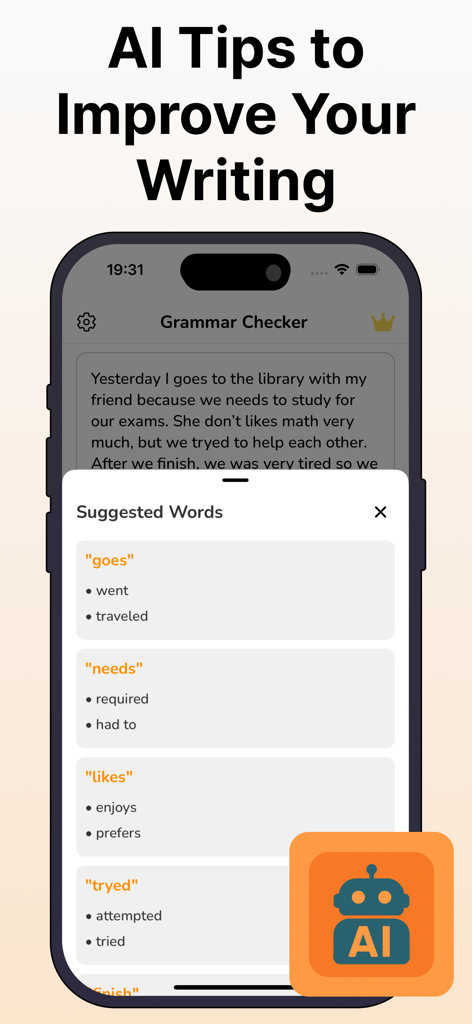 Grammar Check Corrector - Écran de l'application mobile montrant des conseils d'écriture IA et des suggestions de correction de vocabulaire pour une grammaire améliorée.