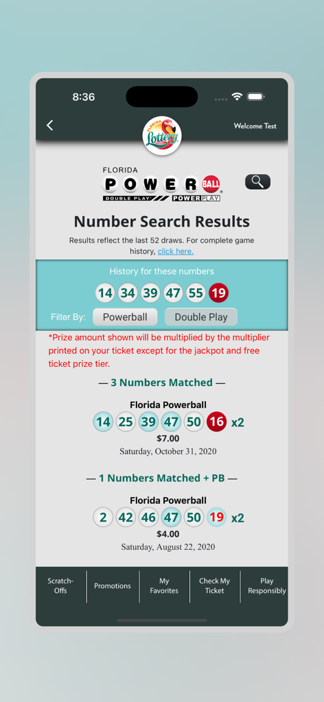 Florida Lottery app screen showing Powerball number search results and matched draws