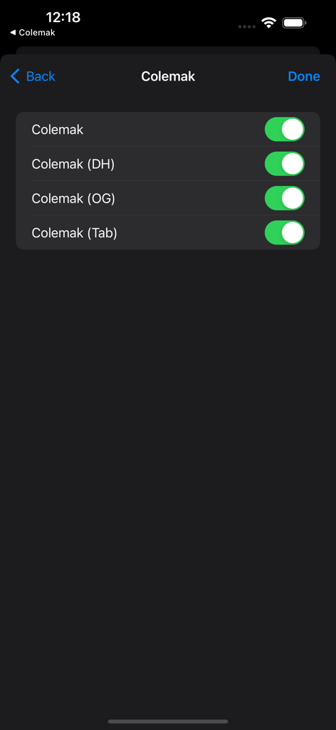 Colemak - Settings screen for the Colemak app showing toggles to enable layout variations like DH and OG