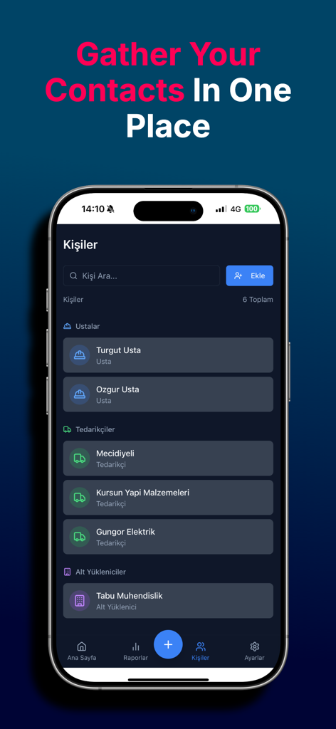 Buildfy - Buildfy mobile App-Oberfläche mit einer Liste von Projektkontakten, einschließlich Handwerkern und Lieferanten