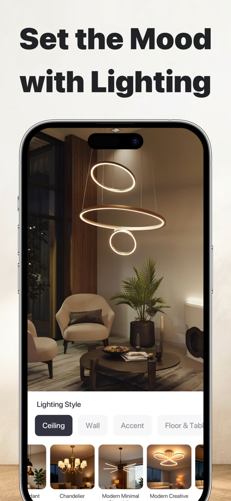 Pantalla de la aplicación de diseño de interiores de IA para elegir estilos de iluminación de habitaciones