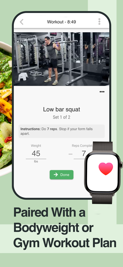 StrongrFastr Diet+Fitness AI - Strongr Fastr mobile app interface showing a low bar squat exercise log with video instruction and smart watch integration