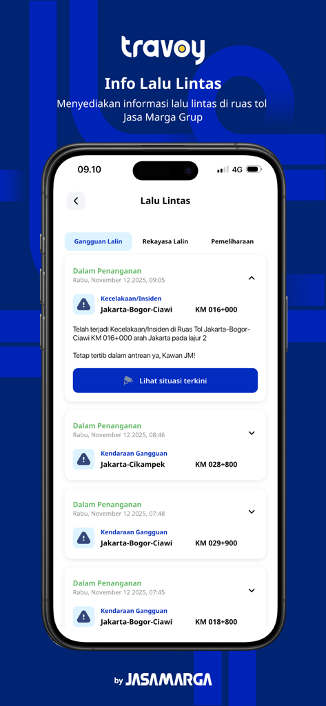 Travoy mobile app screen displaying real-time traffic incident reports for Indonesian toll roads
