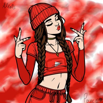 realistic teenage girl with braids and a beanie and crop top doing 🫶🏼