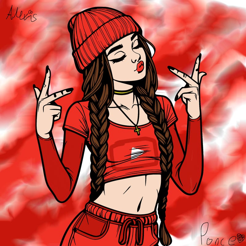 realistic teenage girl with braids and a beanie and crop top doing 🫶🏼