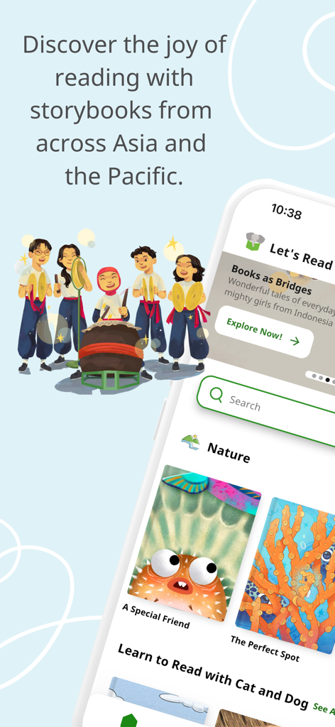 Interface of the Let's Read app featuring children's books from Asia and the Pacific