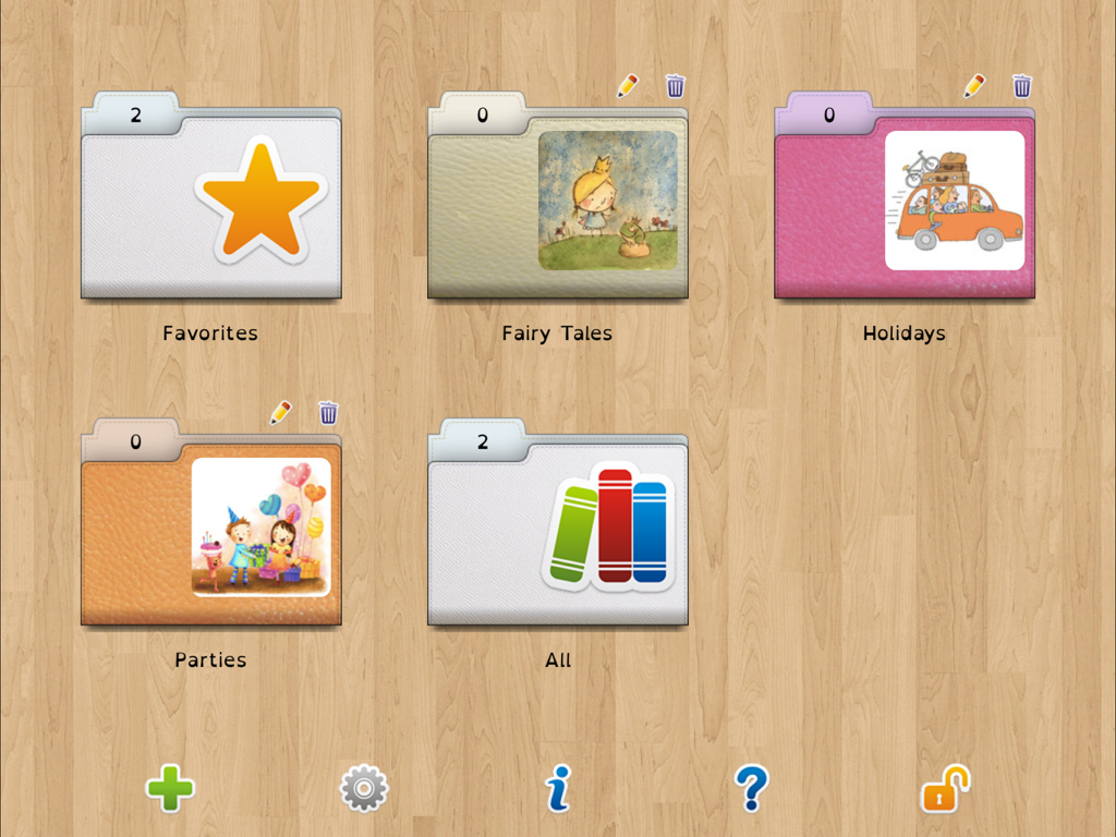 Niki Story - Niki Story app home screen displaying categorized folders for social stories like Favorites, Fairy Tales, Holidays, and Parties on a wooden background.